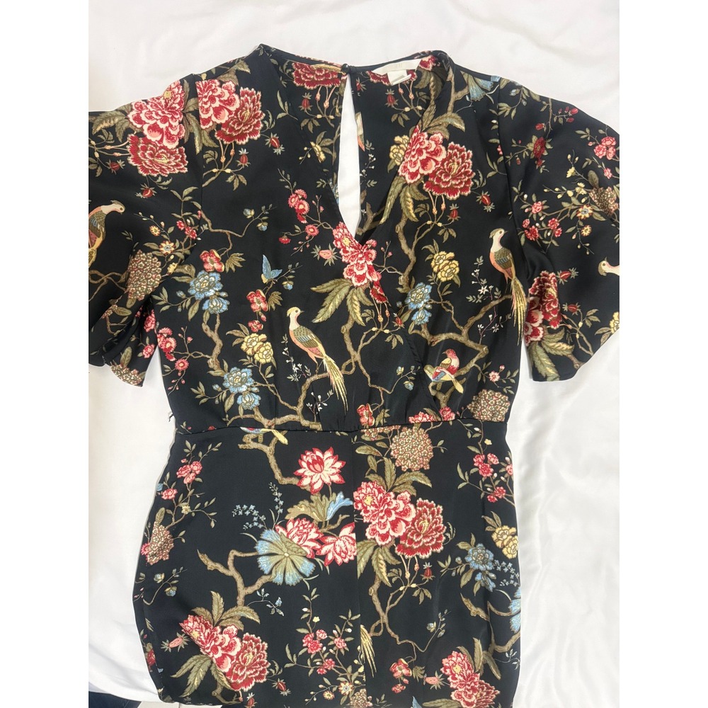 H&M Floral Bird Print Wide Leg Jumpsuit Black Flutter Sleeve V-Neck Size 8 - Picture 12 of 16